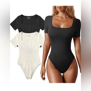 Women's 2 Piece Bodysuits Ribbed One Piece Square Neck Short Sleeve Bodysuits